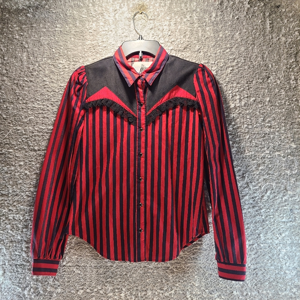 VTG Ranch And Town Western Shirt Pearl Button S Striped Red Black Long Sleeve